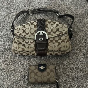 Coach Brown Monogram Shoulder Bag with Leather Trim